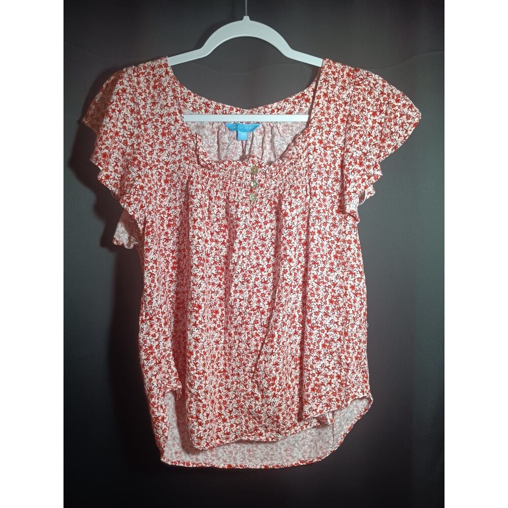 Draper James Floral Top Medium Red Blouse Womens Flutter Sleeve Cottage Prairie
